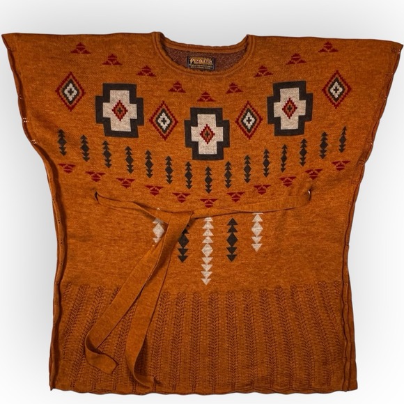 PENDLETON Brown Ashcreek Aztec Virgin Wool Tie Anthropologie Poncho sz XS / S - Picture 4 of 15